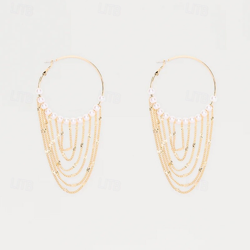 Pendientes de aro grandes de perla para mujer con cadenas de oro en capas: joyas llamativas para atuendos de fiesta y moda de discoteca. &ocasiones especiales 2026 - $14.99 –P3
