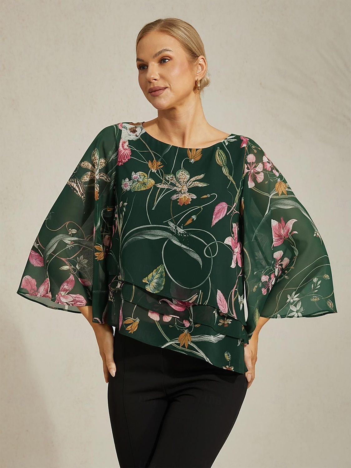 chemisier femme mousseline transparente imprimé floral vert manches mi-longues ourlet superposé col rond pull de 2025 ? $61.99 –P3