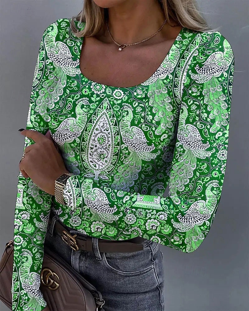 Per donna Tunica Floreale Grafico Uccello Vintage Moda Elegante Manica Lunga Collo quadrato Top Regolari Quotidiano Stampato Blu Viola Arancione Verde Primavera Autunno del 2025 a $24.99 –P4