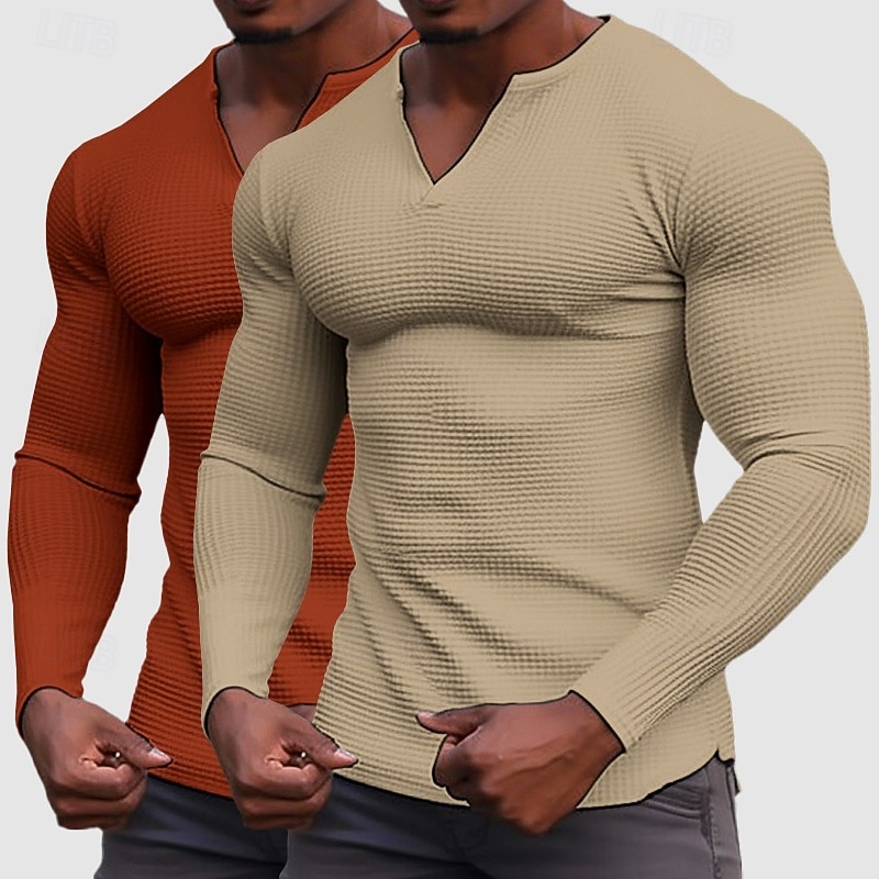 Homens Camisa Waffle Camiseta T-shirt Camisa de manga longa Manga Longa Decote V Henley Primavera & Outono Todas as Estações Tecido Moda Designer Básico 2 Peças Multi-pack Férias Rua Casual C D E Top de 2026 por $32.99 –P5
