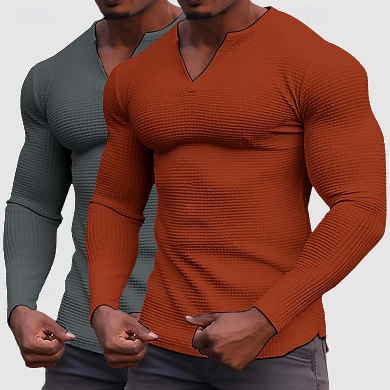 Homens Camisa Waffle Camiseta T-shirt Camisa de manga longa Manga Longa Decote V Henley Primavera & Outono Todas as Estações Tecido Moda Designer Básico 2 Peças Multi-pack Férias Rua Casual C D E Top de 2026 por $32.99 –P11