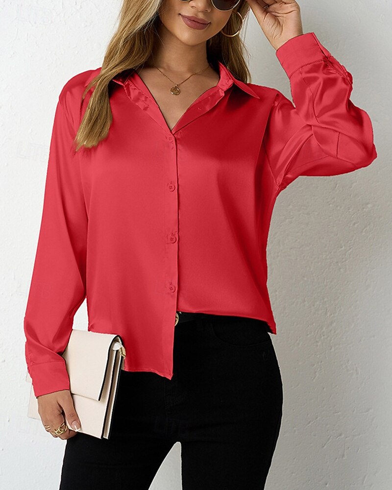 Damskie Koszula Elegancki Szykowny Top satynowy Guziki Równina Elegancki Codzienny Długi rękaw Kołnierzyk koszuli Zwykłe topy Codzienny Wyjściowe Czarny Czerwony Granatowy Królewski błękit Beżowy 2026 - $27.99 –P2