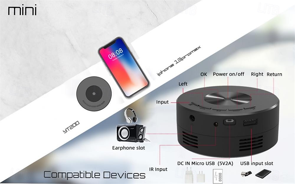 YT200 LED Projector Mini Handheld Pocket Portable Prejecting Wired Screen Mirroring from iOS Android Smartphones for Kids Classical Movies Retro Films Valentine's Day Gift 2026 - $42.99 –P5