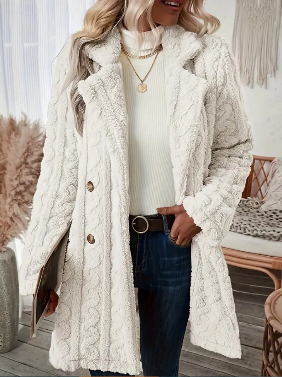 Dames Fleecejack Teddy jas Houd Warm Ademend Zak Met fleece gevoerd Casual Effen Vakantie Straat Casual Alledaagse kleding Dubbele rij knopen Lang Ingesneden revers Normale pasvorm Lange mouw 2025 - $44.99 –P2