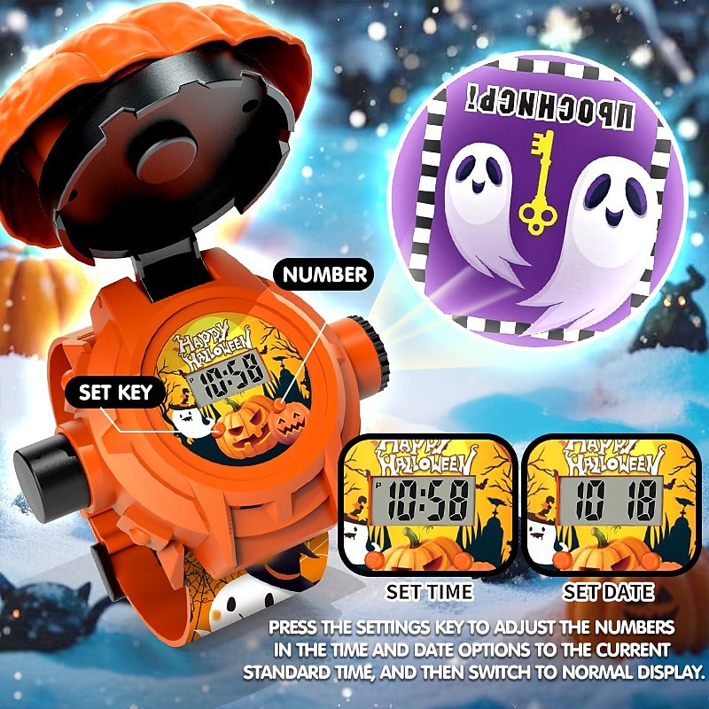 Orologio da polso digitale con proiezione spettrale di Halloween, 24 divertenti disegni di cartoni animati, con copertura di zucca luminosa - fantastico regalo per le feste &bomboniera per ragazzi e del 2025 a $27.99 –P10