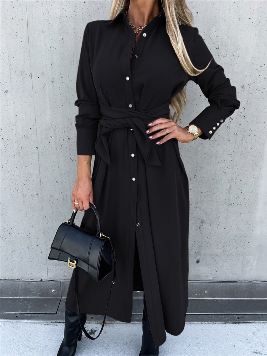 Femmes Robe Midi Robe trapèze Occasionnel Quotidien Coupe régulière Uni manche longue Revers Noir Rouge Vert Abricot Printemps Automne Hiver de 2025 ? $31.99 –P10
