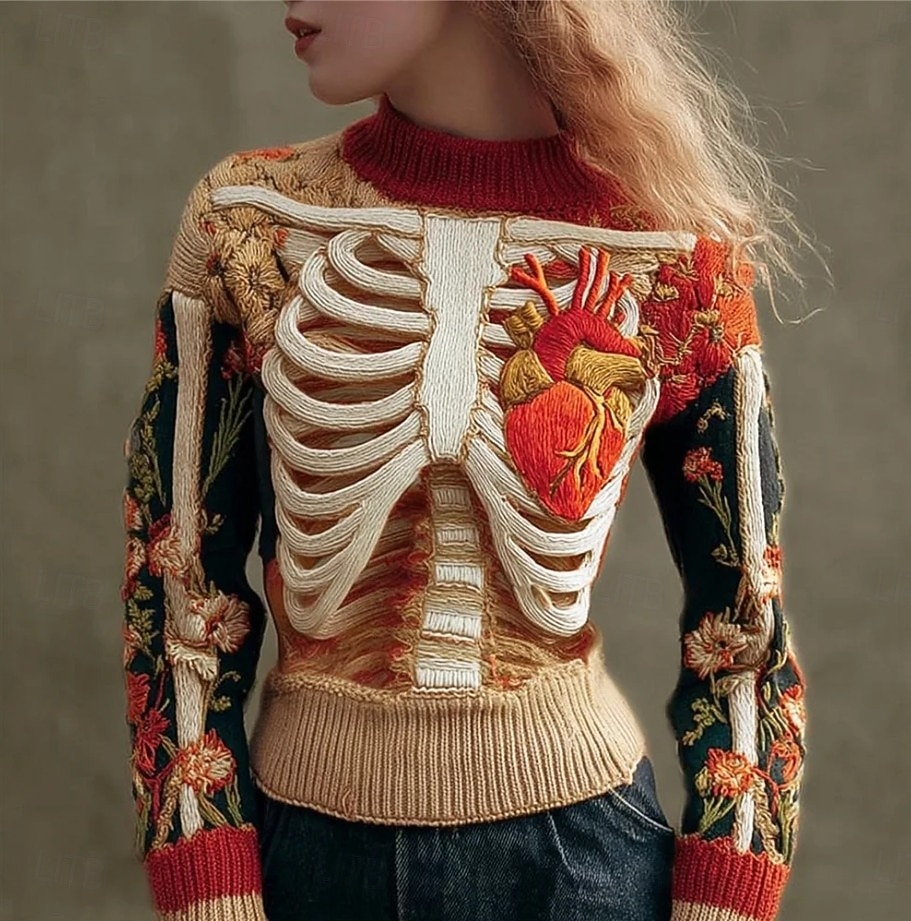 Dame Genser søt stil Gatemote Fritid Grafisk Skjelett Crew-hals Lapper Strikket Langermet Vanlige topper Strikke Halloween Rød Oransje Høst Vinter 2025 - $29.99 –P1