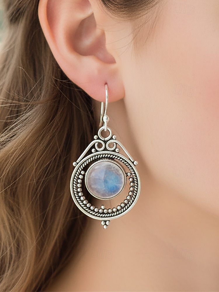 Женские серьги-подвески из лунного камня с винтажным серебряным дизайном, элегантные украшения в стиле бохо для вечеринок, свадеб и повседневной носки 2026 - $5.99 –P10