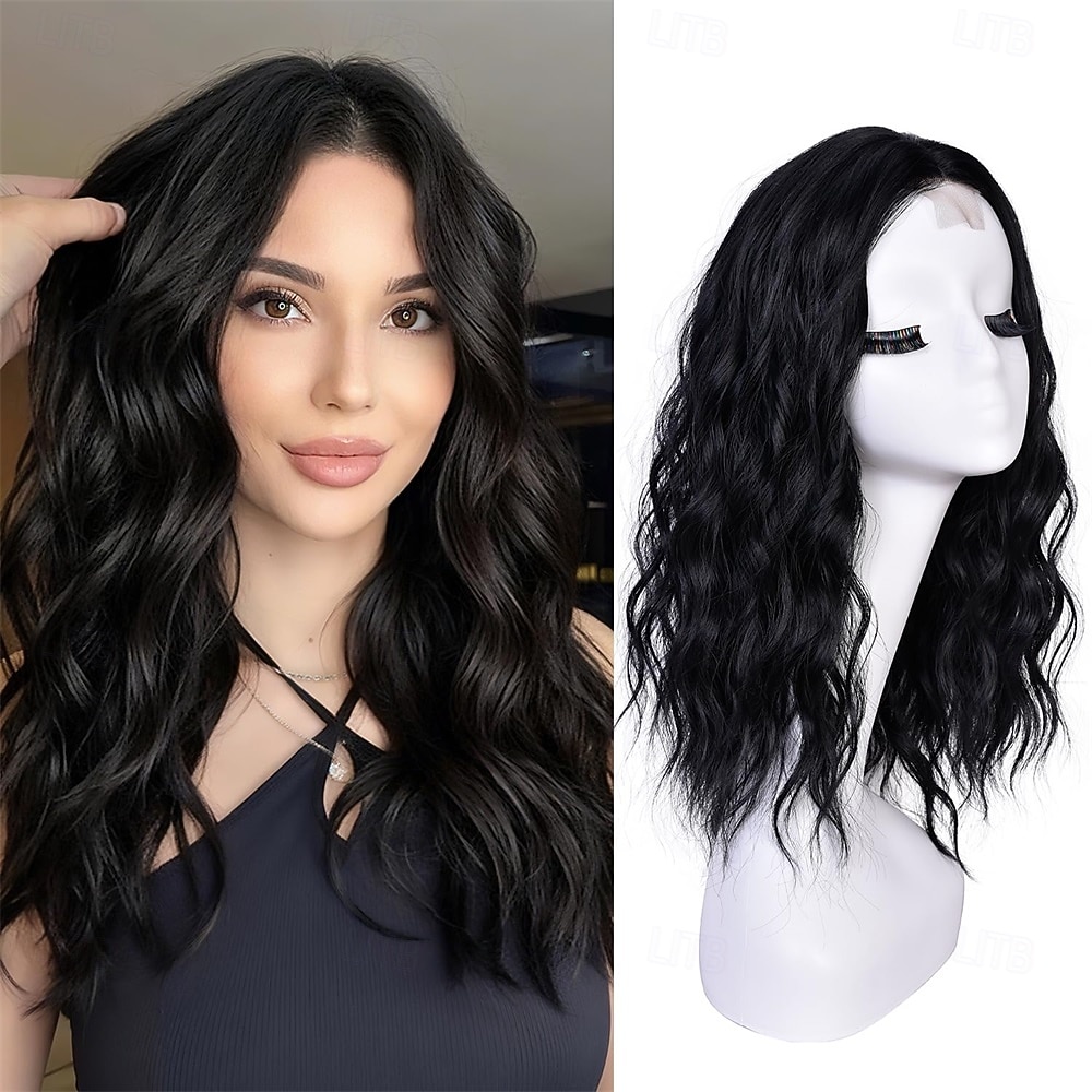 Parrucche corte ondulate per donna, parrucca nera a caschetto, capelli sintetici dall'aspetto naturale, riga centrale frontale in pizzo, per acconciature quotidiane da 18 pollici del 2025 a $21.99 –P2