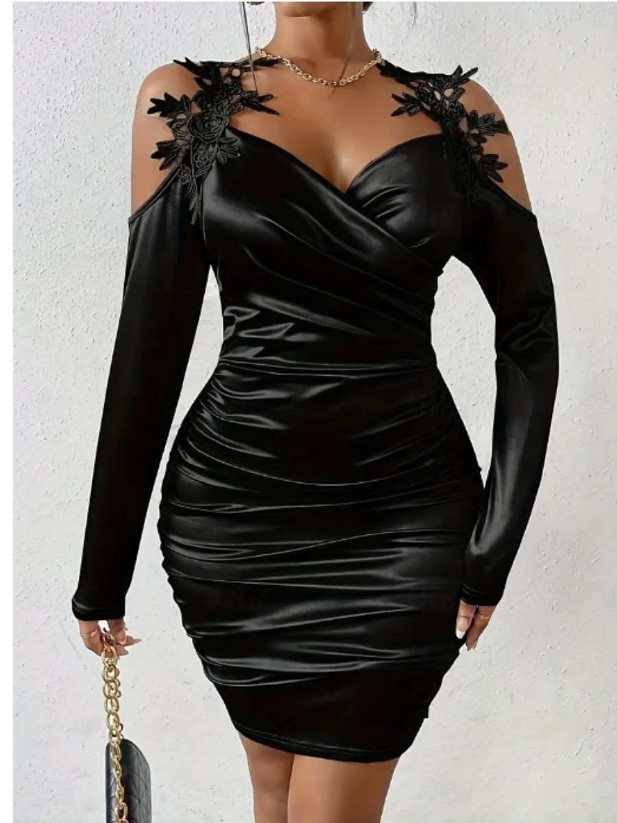 Valentine's Day Women's Mini Dress Sheath Dress Off The Shoulder Dress Elegant Party Cocktail Outdoor Party Wedding Guest Ruched Regular Fit Solid Color Long Sleeve Strap Black Red Beige 2026 - $34.99 –P10