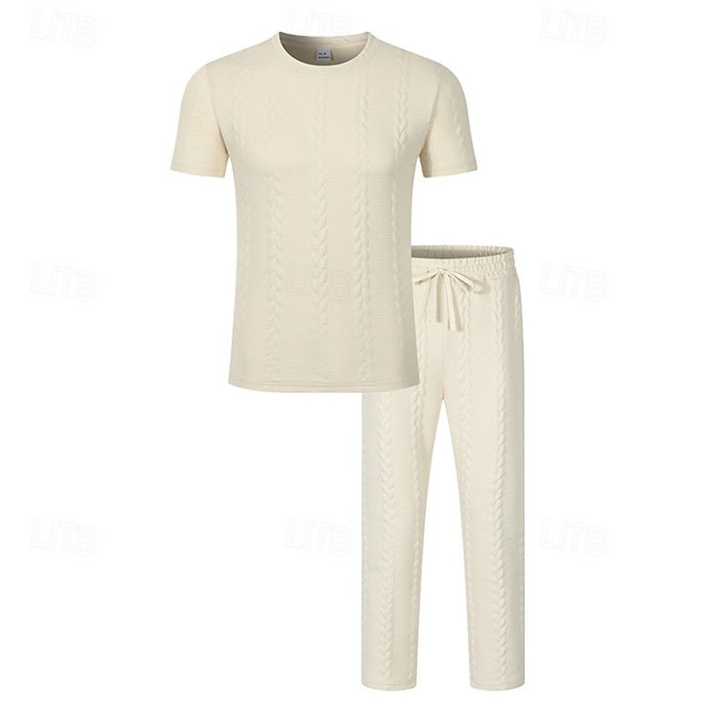 Bărbați Costume de tricou Seturi de cămașă și pantaloni tinute 2 piese Manșon scurt Crewneck Vară Primăvară Simplu Modă Casual Jacquard 2 bucăți Vacanță Purtare Zilnică Ieșire Negru Alb Kaki Top 2026 - $34.99 –P5