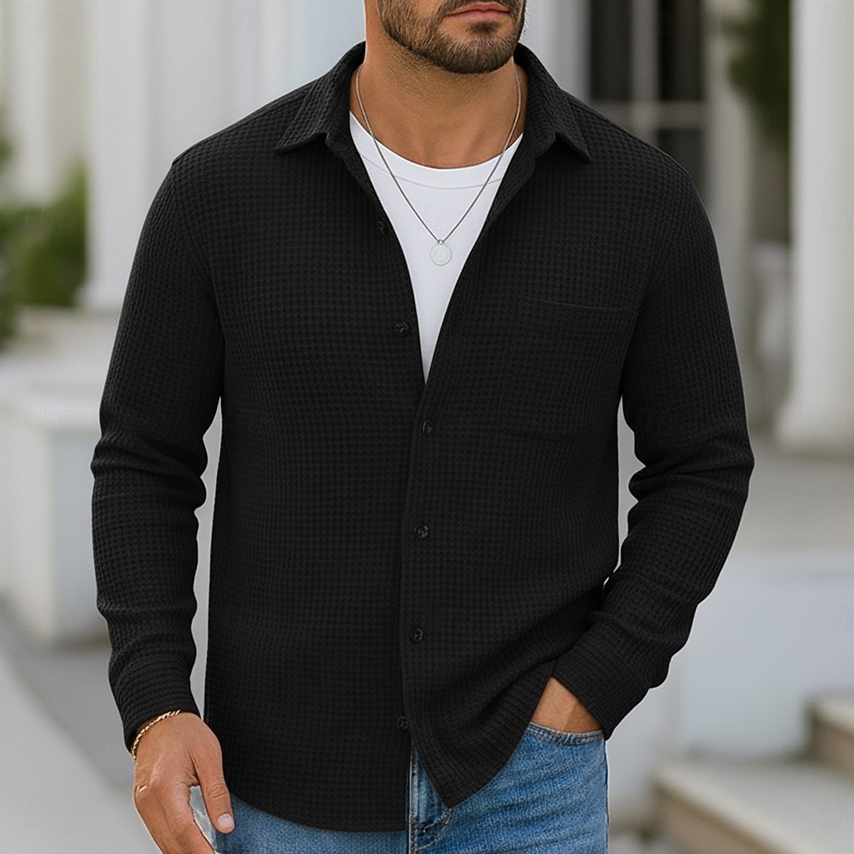 Per uomo Camicia Camicia a nido d'ape Camicia Estiva Camicia casual Camicia con Bottoni Nero Borgogna Blu Verde Kaki Manica Lunga Semplice Testurizzato Bavero Vacanza Casuale Tasca Abbigliamento Moda del 2025 a $23.99 –P11