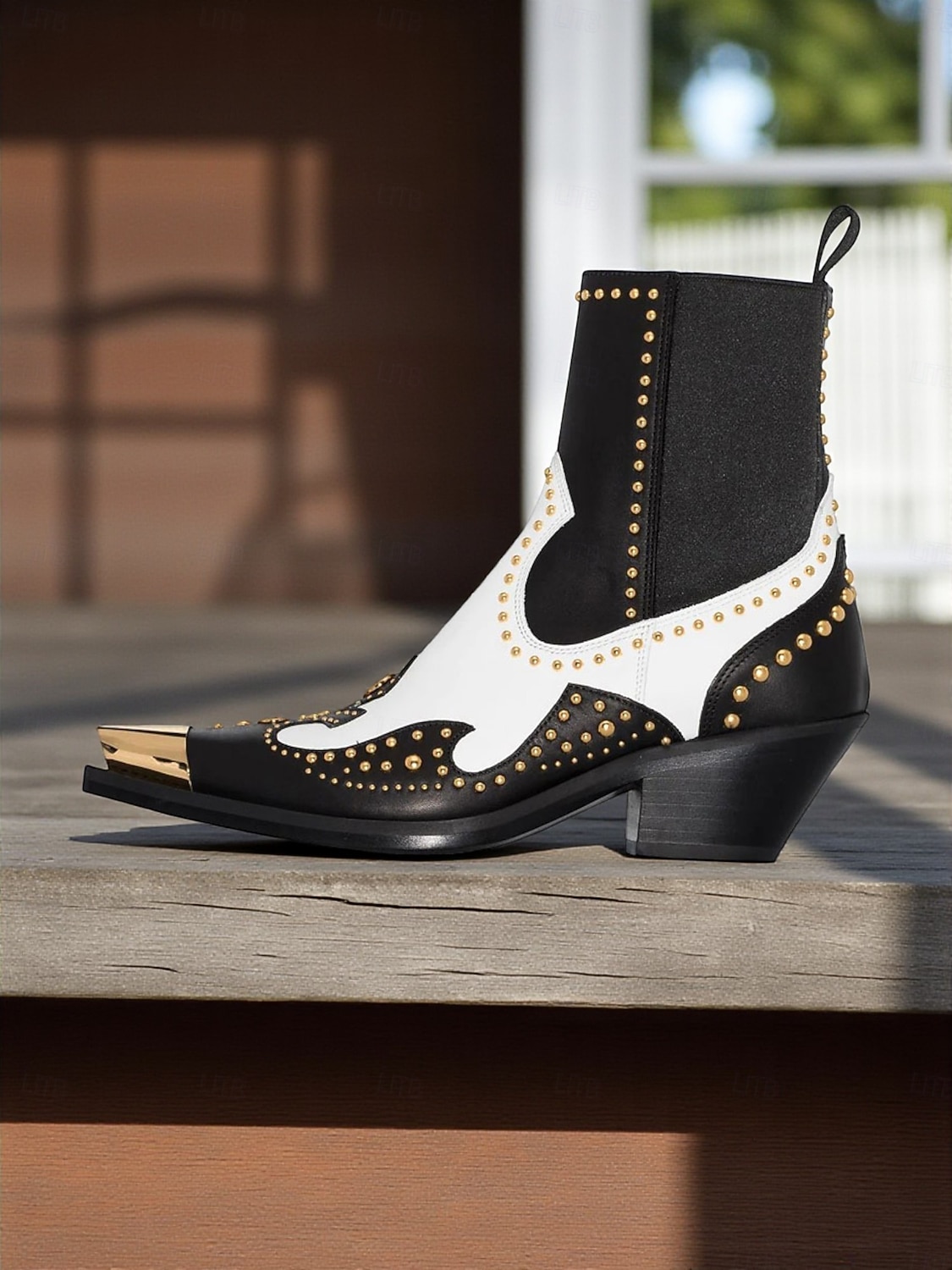 2025年 ゴールドのスタッズとメタルトゥが付いたレディースのブラックレザーウエスタンアンクルブーツ - ファッションストリートウェアやパーティーに最適なカウボーイスタイルのチャンキーヒールブーツ  コレクション – $109.99 –P5