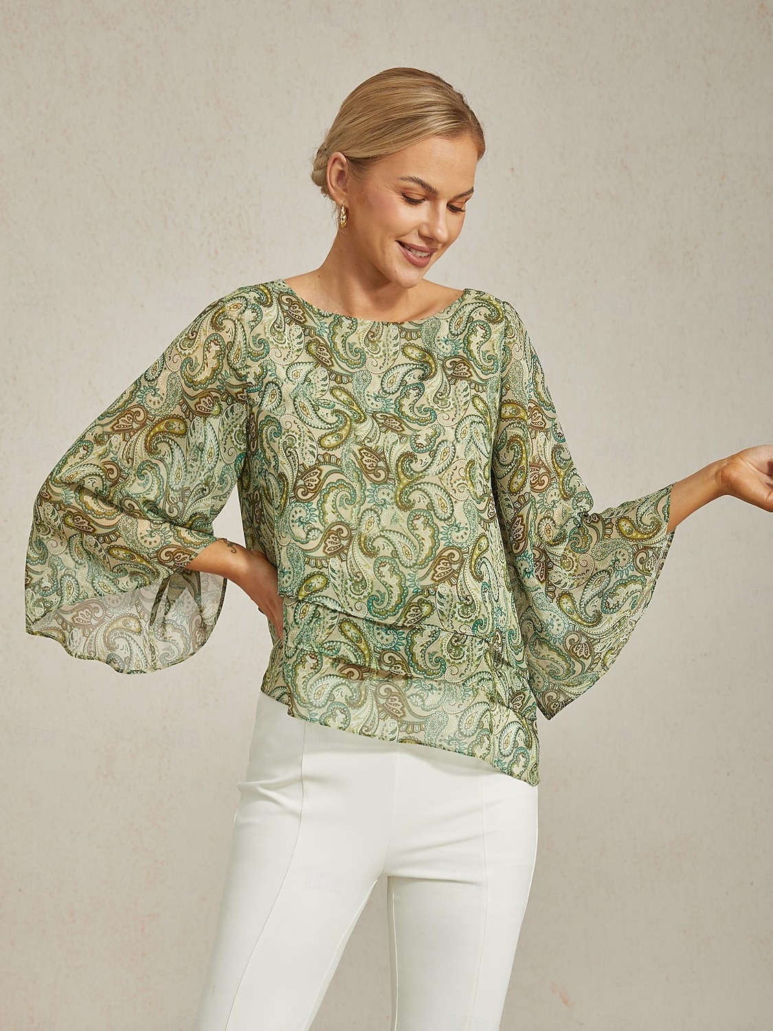 Women's Blouse Green Paisley Floral Layered 3/4 Sleeve Loose Fit Round Boat Neck Casual Elegant Spring Summer 2025 - $61.99 –P3