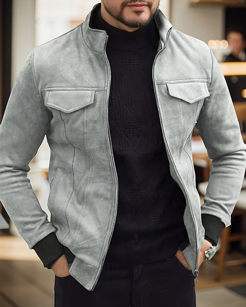 Homme Veste en faux suède Veste Décontractée Vacances Quotidien Chaud Avec Poches Automne Hiver Uni Mode Classique Col montant Régulier Noir Vert Café Veste de 2025 ? $51.99 –P9