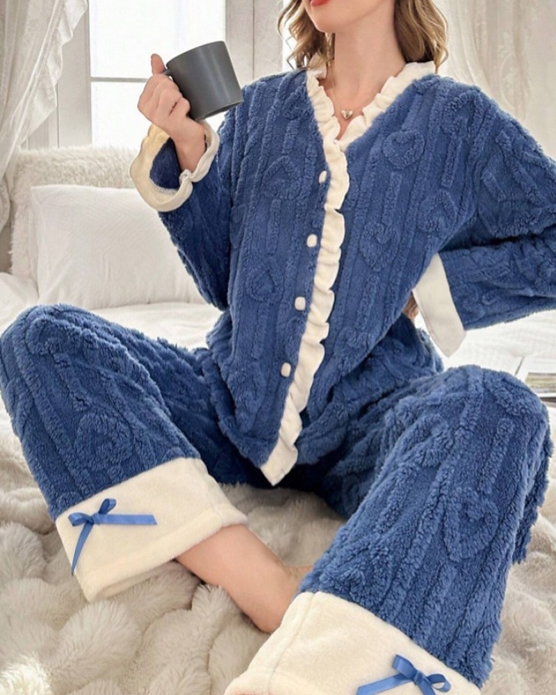 Mujer Pijamas Ropa de salón Conjunto pijama 2 Piezas Confort Suave Retazos Cintura elástica Botones Pantalón Hogar Diario Cama Manga Larga Escote en Pico Azul Oscuro Otoño Invierno 2025 - $31.99 –P3
