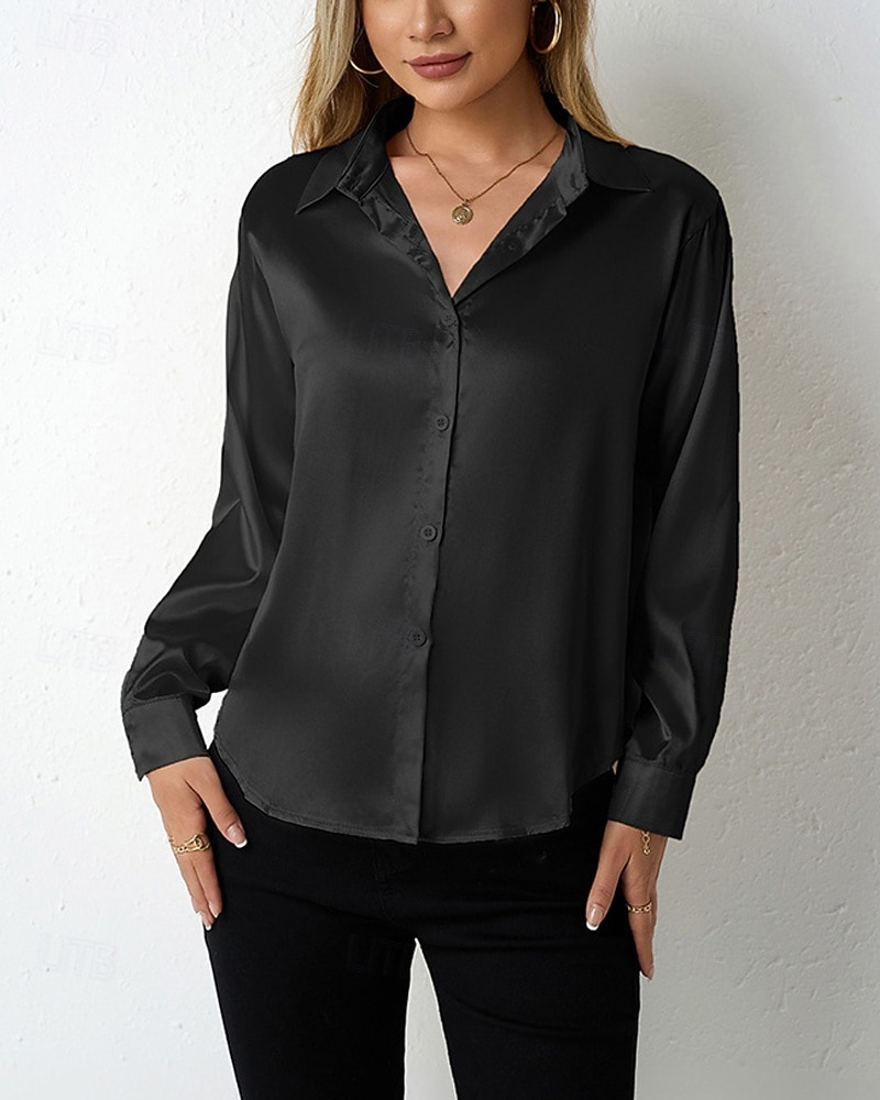 Damskie Koszula Elegancki Szykowny Top satynowy Guziki Równina Elegancki Codzienny Długi rękaw Kołnierzyk koszuli Zwykłe topy Codzienny Wyjściowe Czarny Czerwony Granatowy Królewski błękit Beżowy 2026 - $27.99 –P4