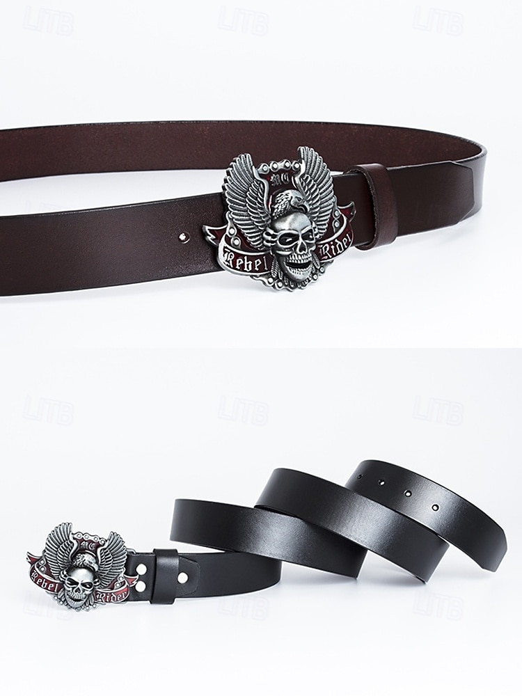 Ceinture en cuir véritable pour homme, motif Halloween, avec boucle tête de mort et aigle – Accessoire style motard gothique punk rock pour fêtes et festivals de 2025 ? $19.99 –P7