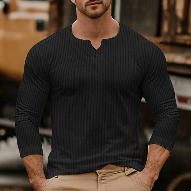 Men's Men V Neck Rib-knit Tee Ribbed Knit tee Tee Top Long Sleeve V Neck Summer Spring Fall Plain Jacquard Modern Casual Comfortable Buttons Basic Home Street Casual Black khaki Beige Top Tee for Men 2025 - $27.99 –P4