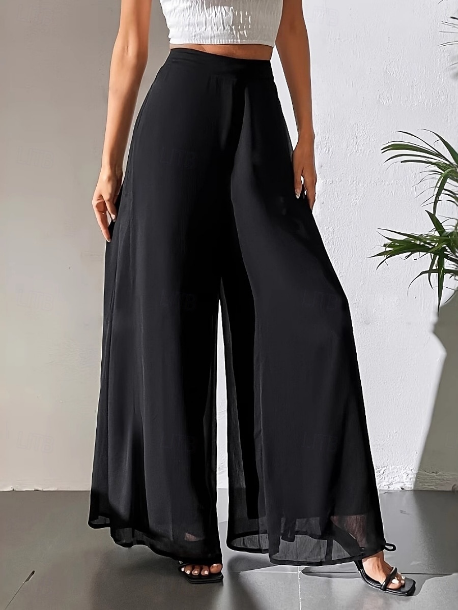 Mulheres Perna larga chinês Moda Roupa de rua Básico Comprimento total Cintura Alta Tecido Cintura elástica Confortável Macio Com Stretch Ao ar livre Rua Casual Marron Escuro Vinho Preto Branco Verão de 2025 por $26.99 –P21