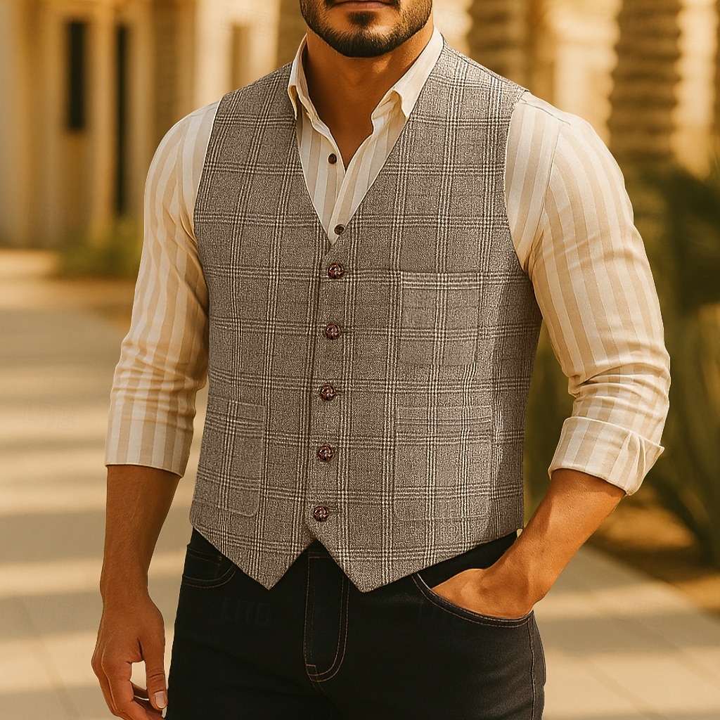 Herren Weste Tweedweste Formell Hochzeit Urlaub Lässig Mode Klassisch Frühling Herbst Tasche Knöpfe Polyester Webfaser Bequem Karomuster Einreihig V Ausschnitt Normale Passform Schwarz Champagner 2025 - $39.99 –P5