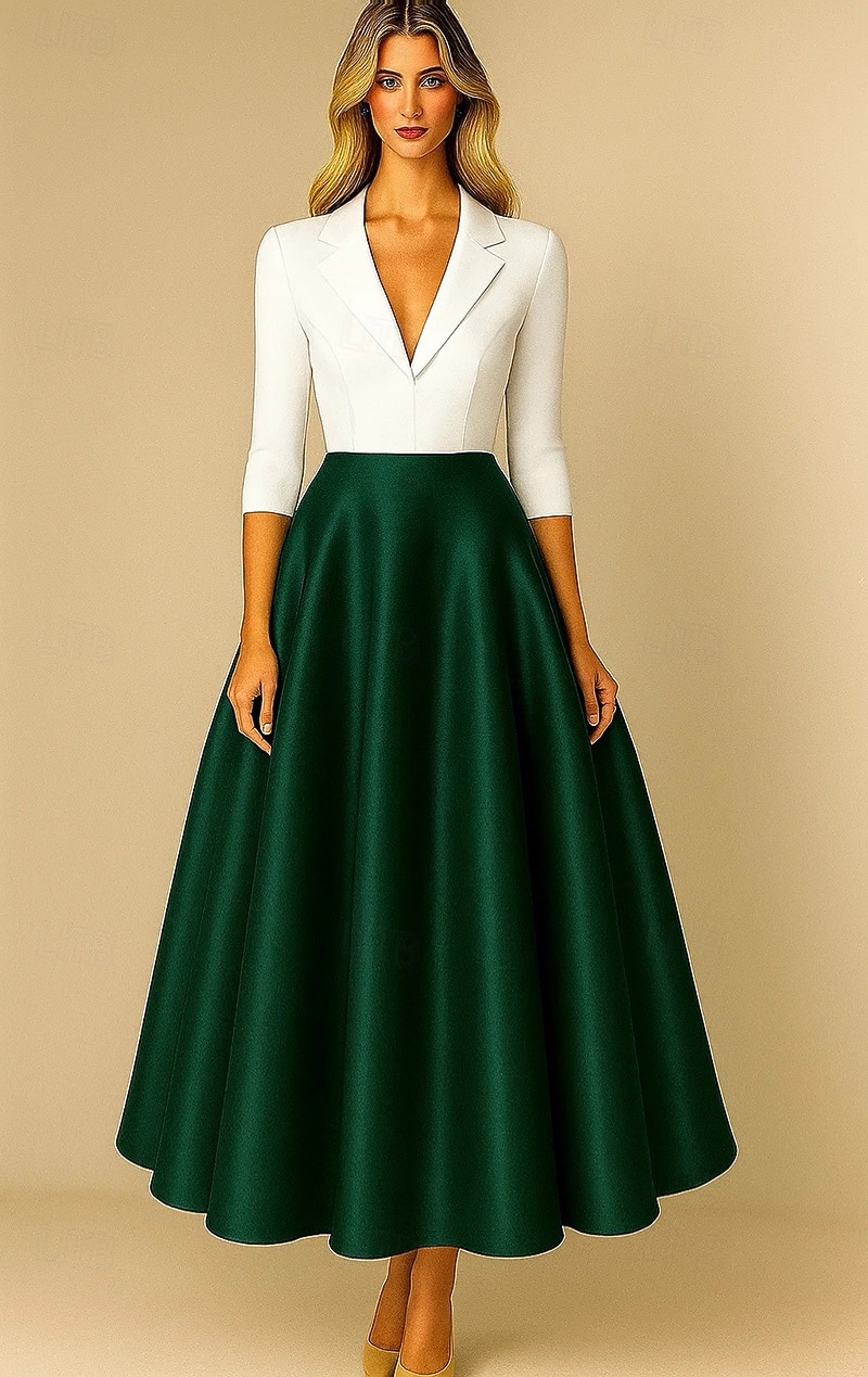 Abiti da cocktail A-Line in nero e bianco Abito formale elegante Abito da matrimonio formale lunghezza tea midi lunghezza manica 3/4 colletto a punta Top in crepe elasticizzato gonna in satin con del 2025 a $134.99 –P4