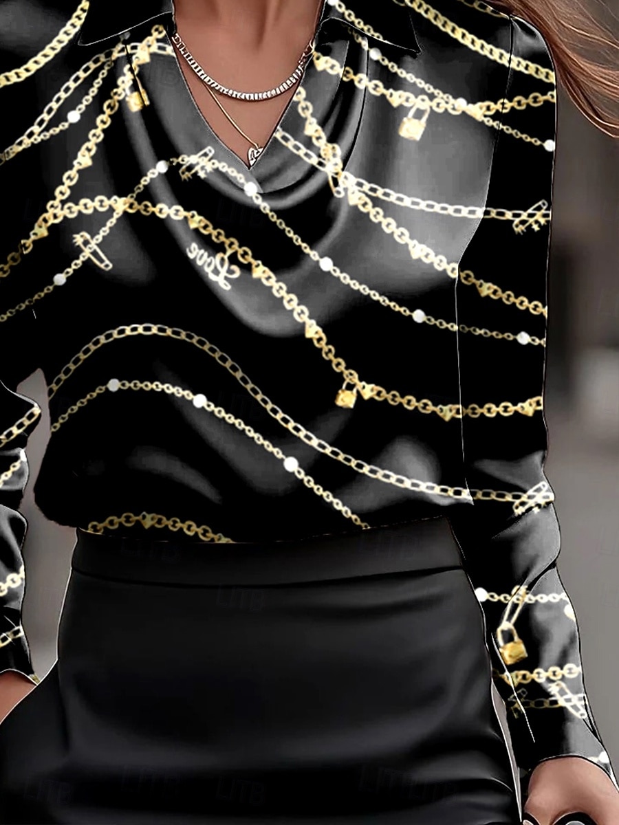 Damen Hemd Grafik Geometrisch Gestreift Elegant Stilvoll Basic Langarm Wasserfallausschnitt V Ausschnitt Normale Oberteile Arbeit Party-Abendmode Täglich Gerafft Drapiert Schwarz Weiß Herbst Winter 2025 - $29.99 –P3
