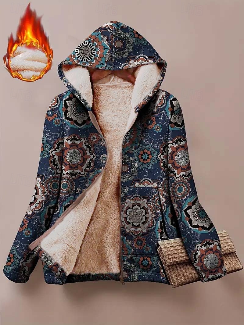 Femmes Sweats à capuche zippés Fleuri Graphique Géométrique Chaud Actif ancien manche longue À capuche Hauts Réguliers Maison Travail Tenue de soirée Imprimé Bleu de minuit Printemps Automne Hiver de 2025 ? $41.99 –P1