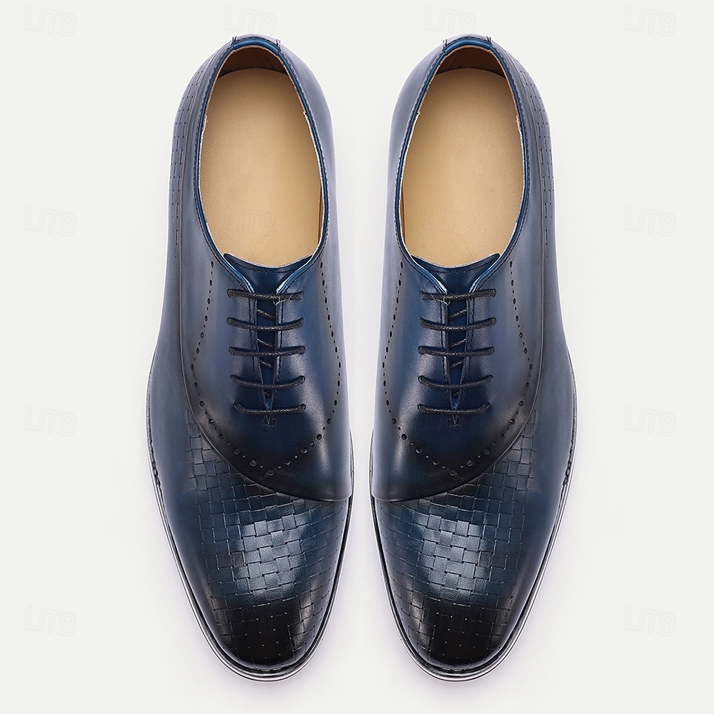 Men's Blue Lace-Up Dress Shoes  Genuine Leather Business Oxfords with  Textured Detailing, Elegant Footwear for Office, Parties and Special  Occasions 2026 - $109.99