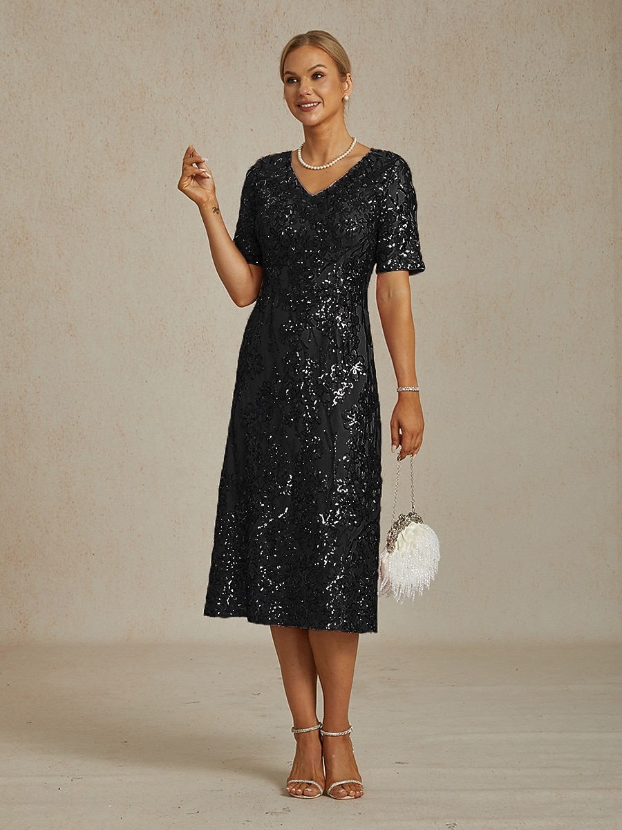 Mulheres Vestido midi Vestido de turno Elegante Festa Festa Casamento Paetês Bordado Purpurina Normal Floral Manga Curta Decote V Preto de 2026 por $139.99 –P1