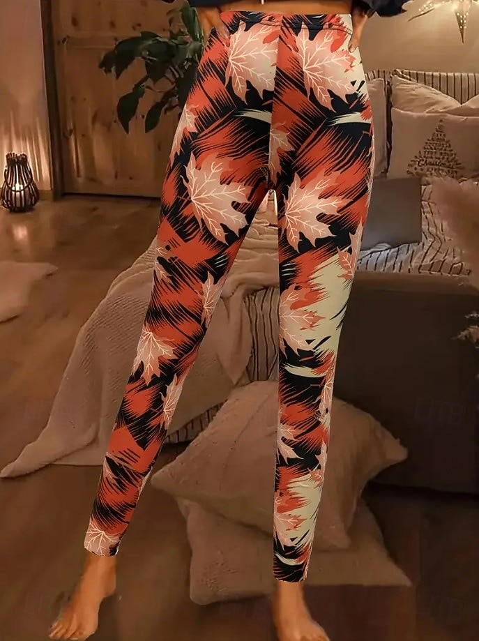 Damskie Getry Urlop Zabytkowe Moda Pełna długość Wysoka talia Kwiaty Graficzny Kształt listka Drukowanie Keep Warm Miękka Oddychający Elastyczny Urlop Ulica Czarny Pomarańczowy Brązowy Wiosna Jesie 2025 - $19.99 –P4