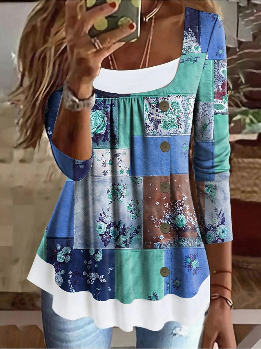 Femmes T-shirt Fleuri Graphique ancien Élégant Classique manche longue Col carré Hauts Longs Quotidien Week-end Patchwork Boutons Imprimé Rouge Bleu Violet Vert Printemps Automne Hiver de 2025 ? $24.99 –P2