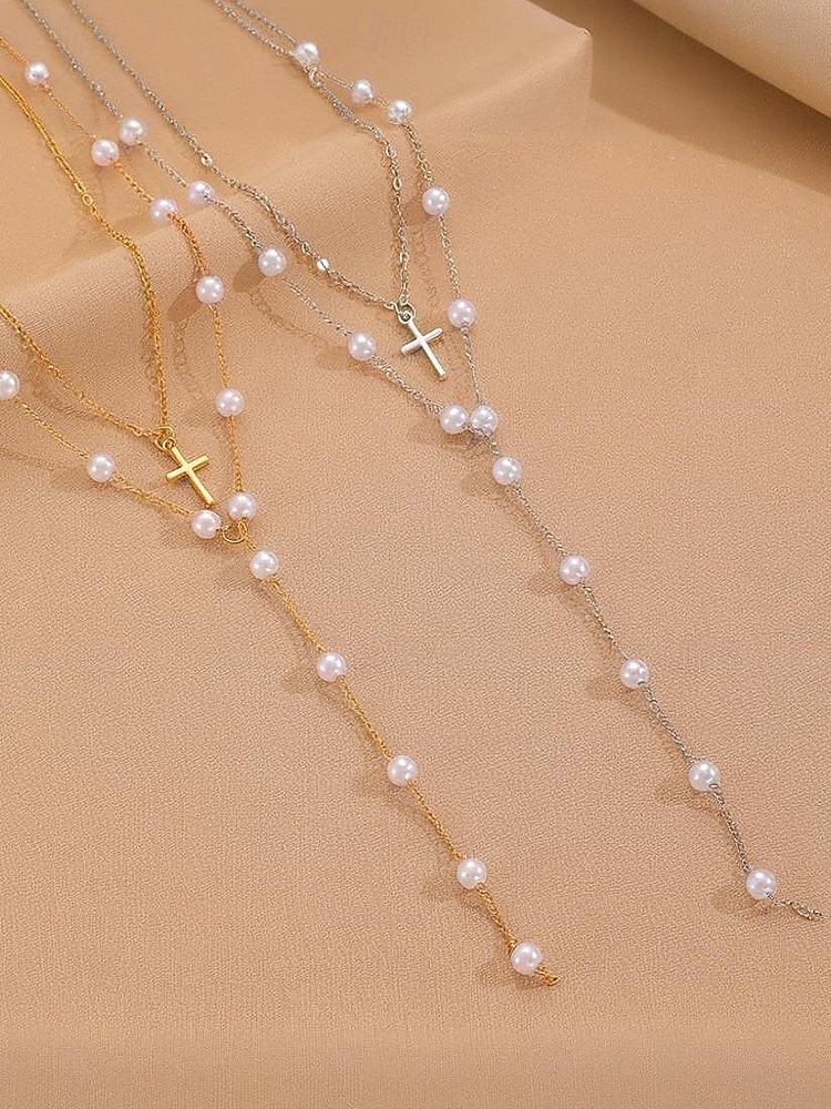 Collar de cruz navideña para mujer, cadena de oro en capas con colgante de perla y diamantes de imitación, elegante joyería navideña para fiestas, bodas y regalos. 2026 - $5.99 –P13