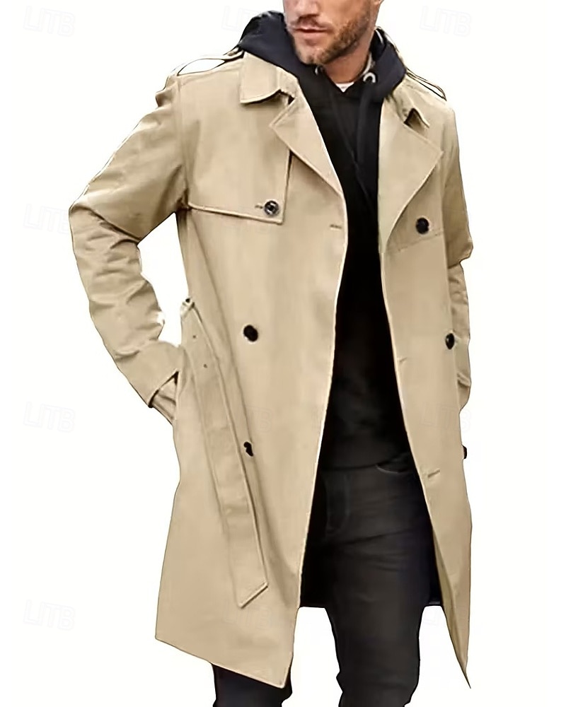Herren Mantel Trenchcoat Langer Trenchcoat Urlaub Täglich Frühling Herbst Polyester Winddicht Oberbekleidung Bekleidung Mode Klassisch Einfach Tasche Revers Doppelreihig 2025 - $44.99 –P1
