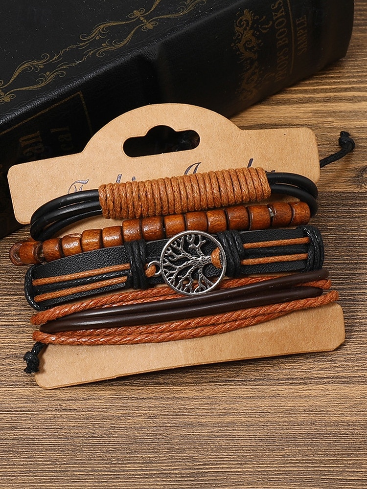 flerlags armbåndsett i ekte skinn for menn – bohemsk perlebesatt livets tre-armbånd for uformelt bruk, fest og reiser 2026 - $9.99 –P5