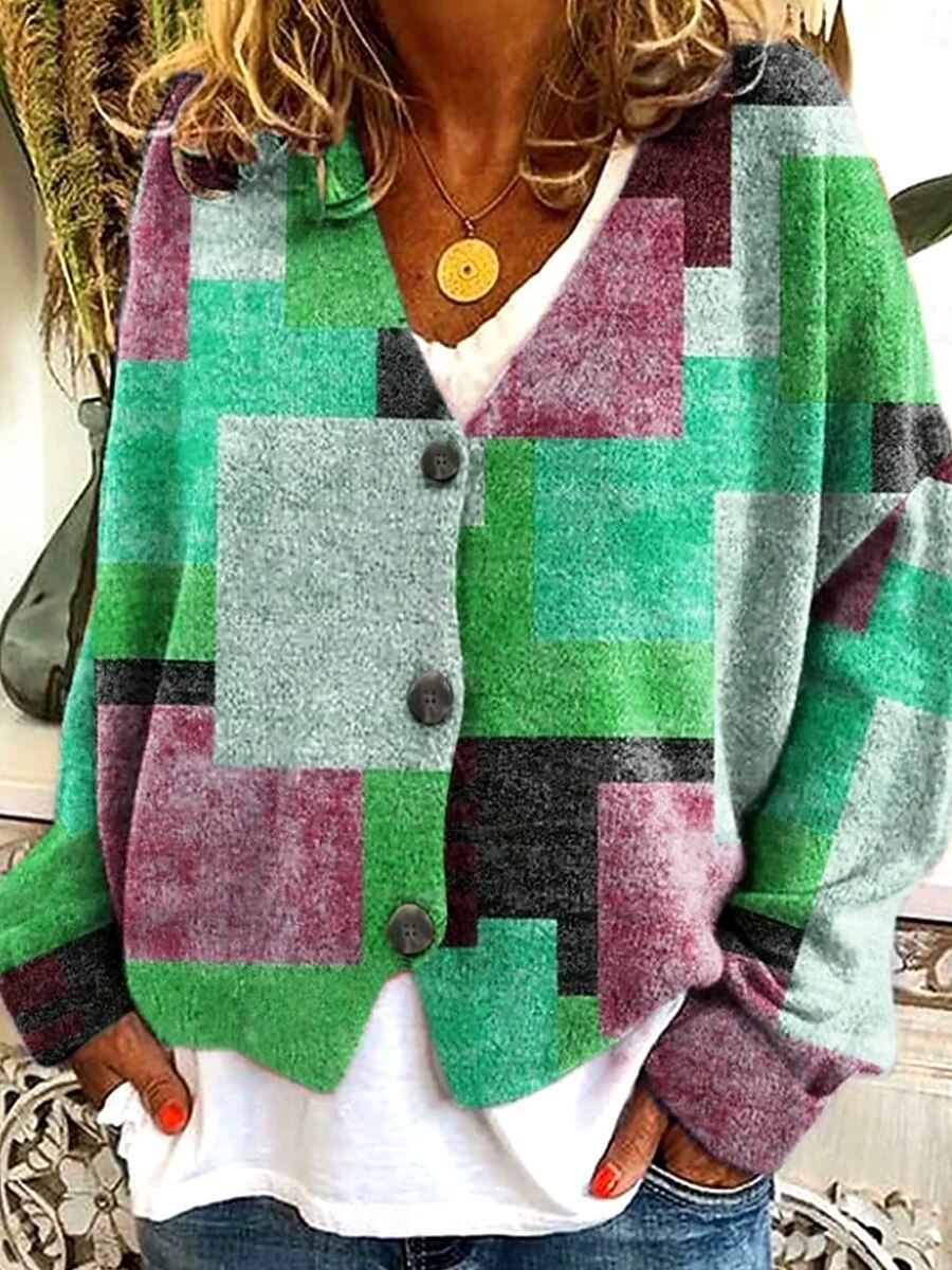 Femmes Pull Cardigan Élégant ancien Mode Graphique Géométrique Col ras du cou Col en V Avec Poches Tricoté Imprimé manche longue Hauts Réguliers Tricoter Extérieur Quotidien Week-end Marron Rouge Bleu de 2025 ? $24.99 –P3