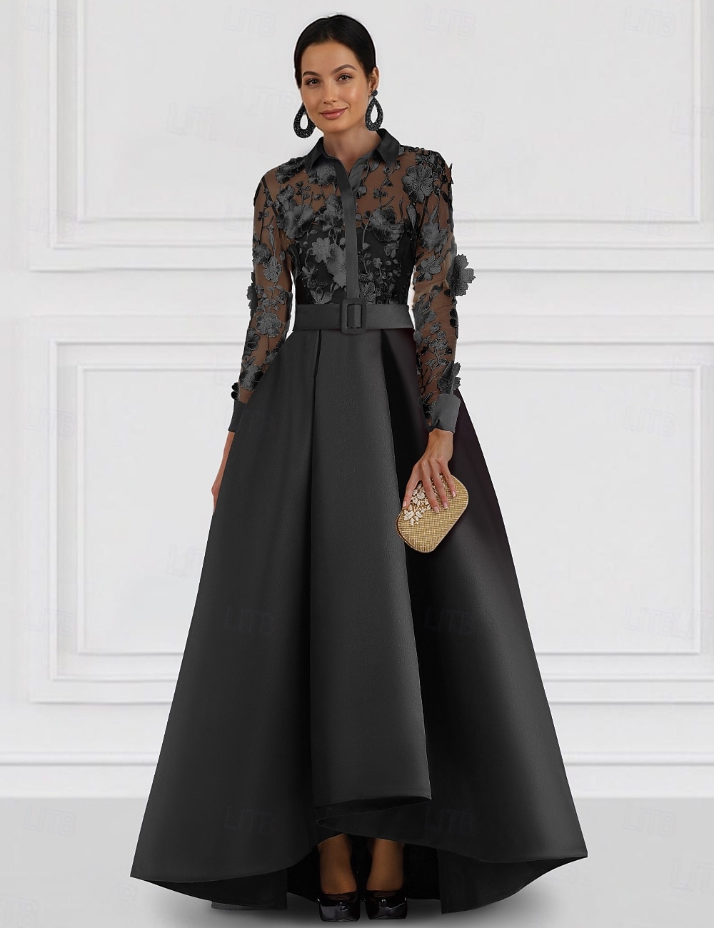 A-Line Floor Length Evening Gown Ball Gown Formal Dress Elegant Long Sleeve Shirt Collar Formal Holiday Pocket Satin Lace with Embroidery 2026 - $175.99 –P4