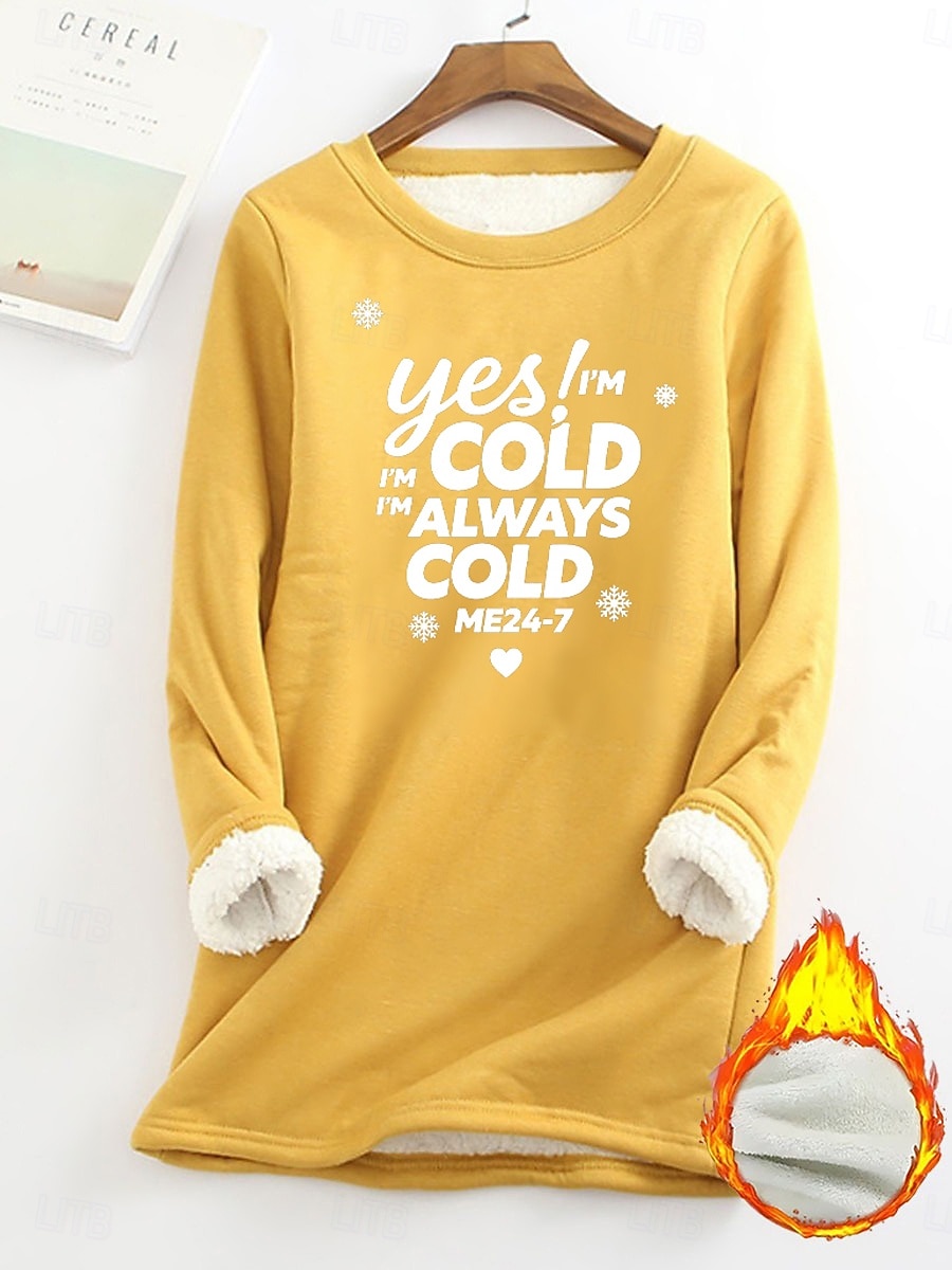 2025年 レディース プルオーバー スウェットシャツ yes im cold グラフィック レター 暖かい カジュアル ふわふわ 長袖 クルーネック ラウンドネック ロング トップス ストリート カジュアル ライトピンク ブラック ダークピンク ブルー 春 秋 冬  コレクション – $23.99 –P7