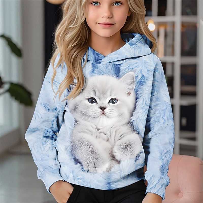 Ragazze 3D Gatto Felpa con Cappuccio Manica Lunga Autunno Inverno Moda Adorabile Essenziale Bambini 4-12 Anni Con cappuccio All'aperto Casuale Quotidiano Vestibilità regolare del 2026 a $18.99 –P5