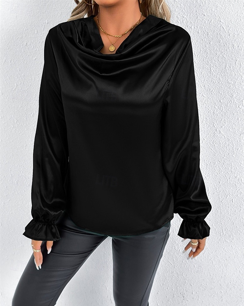 Жен. Рубашка Elegant Нарядный Атласный верх Драпировка Сплошной цвет Стиль На каждый день Длинный рукав Вырез-хомут Обычные топы Повседневные На выход Черный Розовый Зеленый Абрикосовый Весна Осень 2026 - $27.99 –P10