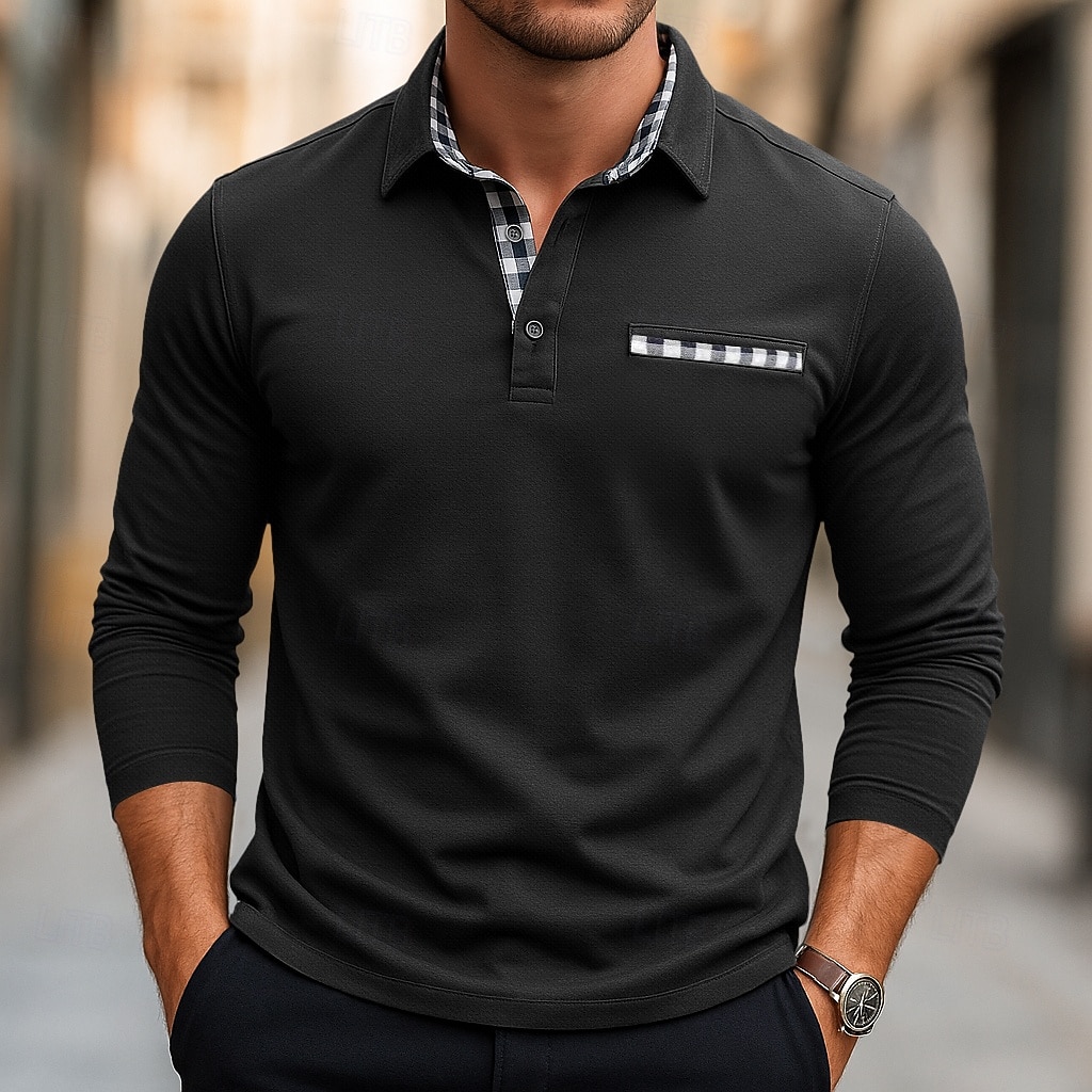Herren Golfshirt Piqué-Poloshirt Urlaub Arbeit Umlegekragen Langarm Mode Basic Einfarbig Karomuster Kariert Knöpfe Sommer Frühling Herbst Normale Passform Schwarz Weiß Gelb Marineblau Golfshirt 2025 - $27.99 –P6