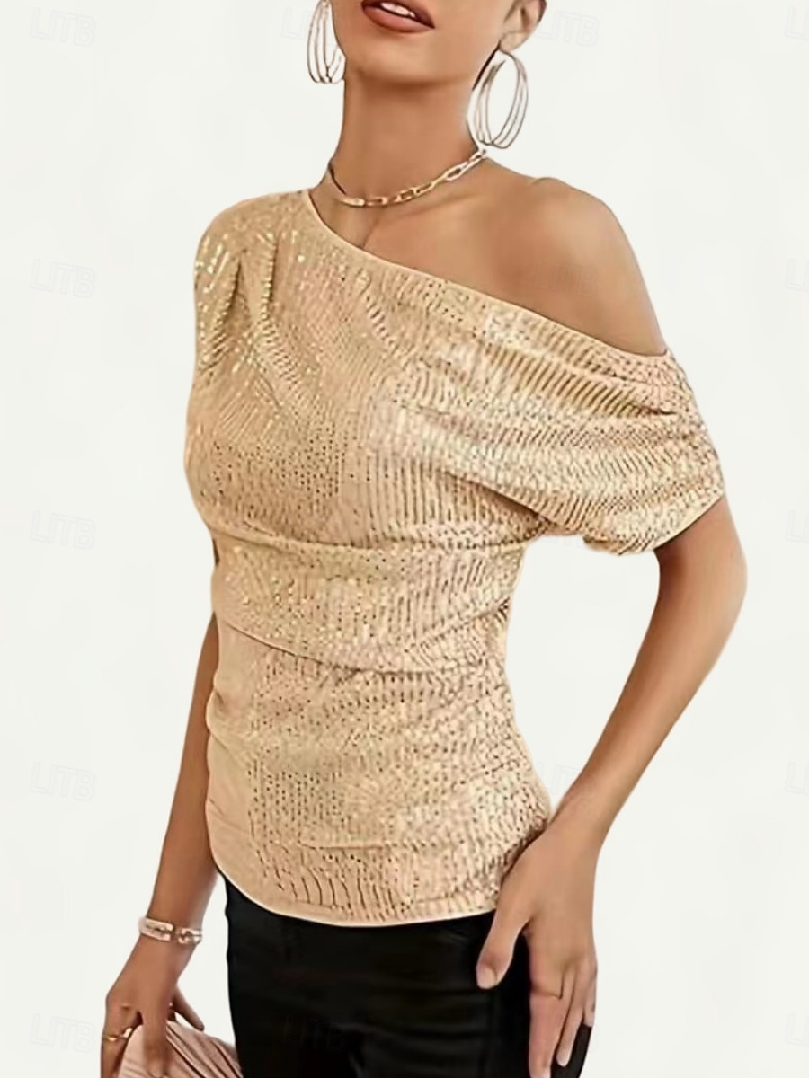 Per donna Blusa Paillettes Tinta unica Elegante Casual Manica Corta Asimmetrico Top Regolari Quotidiano Nero Bianco Viola Oro Verde Estate Primavera del 2026 a $27.99 –P2
