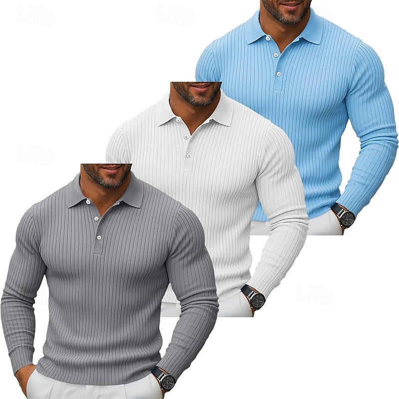 3 db-os férfi bordás kötésű felső golf pólóing többes csomag utcai lezser hajtókás hosszú ujjú alapvető modern egyszínű gombos tavasz ősz minden évszak karcsúsított bordás kötésű felső 2025 - $59.99 –P6