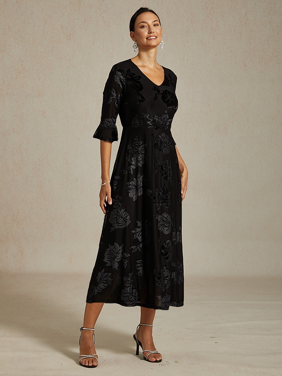 Sukienka midi z weluru dla kobiet sukienka w kształcie litery A elegancka na urodziny na koktajlową imprezę dla gościa weselnego welurowa codzienna regularny krój kwiatowa pół rękaw dekolt w 2025 - $89.99 –P7