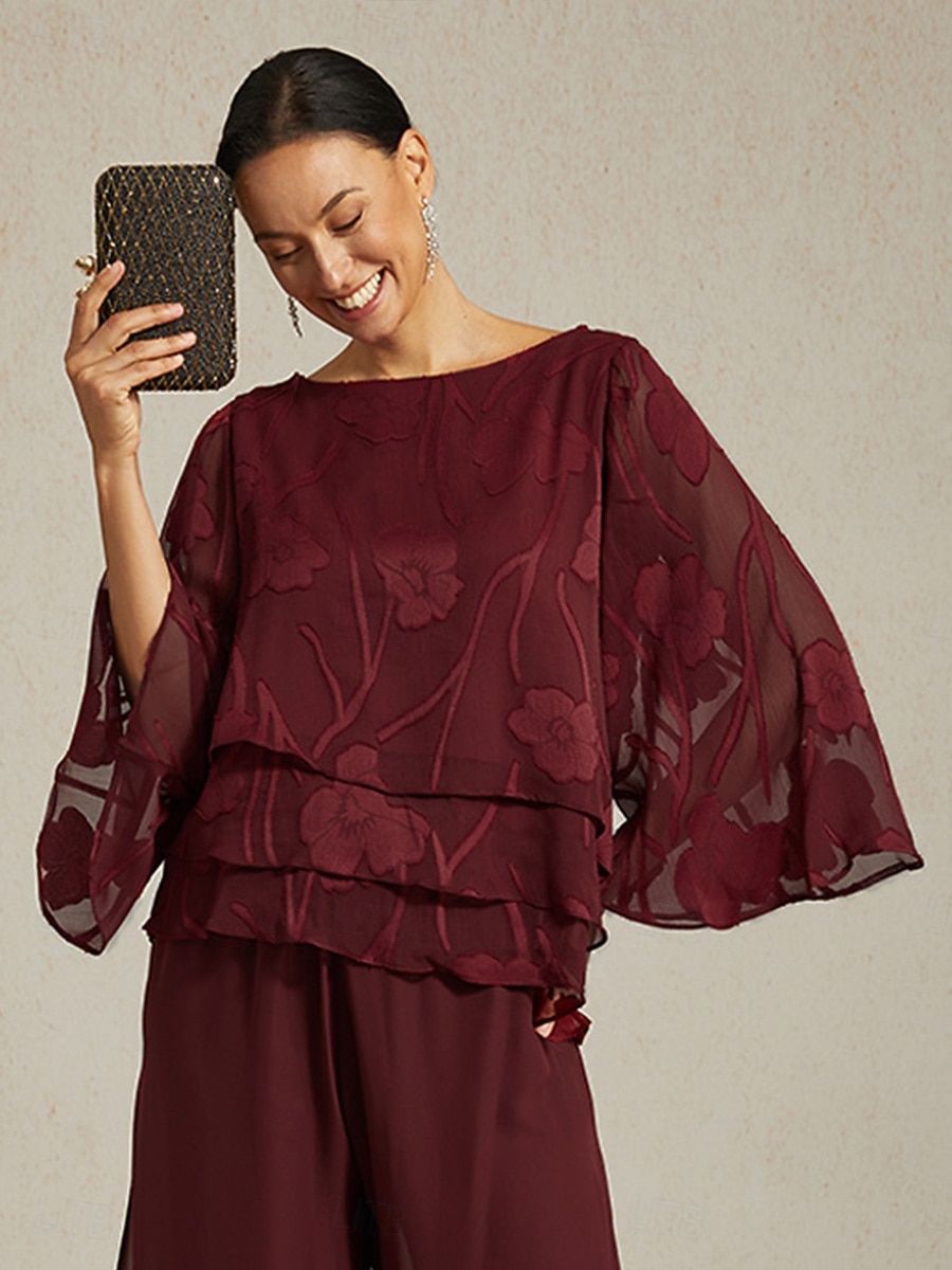 Жен. Кружевная рубашка Блуза Нарядные Топы Топы из шифона Сплошной цвет Цветочный принт Элегантный стиль Стиль На каждый день Рукав до локтя Рукава-крылышки Вырез лодочкой Обычные топы 2025 - $59.99 –P1