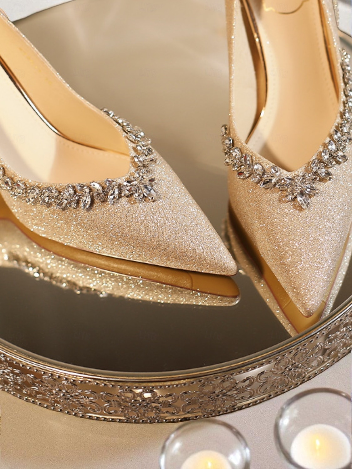 Zapatos de tacón de punta puntiaguda con purpurina dorada y ribete de diamantes de imitación para mujer, elegantes zapatos de tacón medio para ocasiones formales y cócteles. &eventos nocturnos 2026 - $54.99 –P5