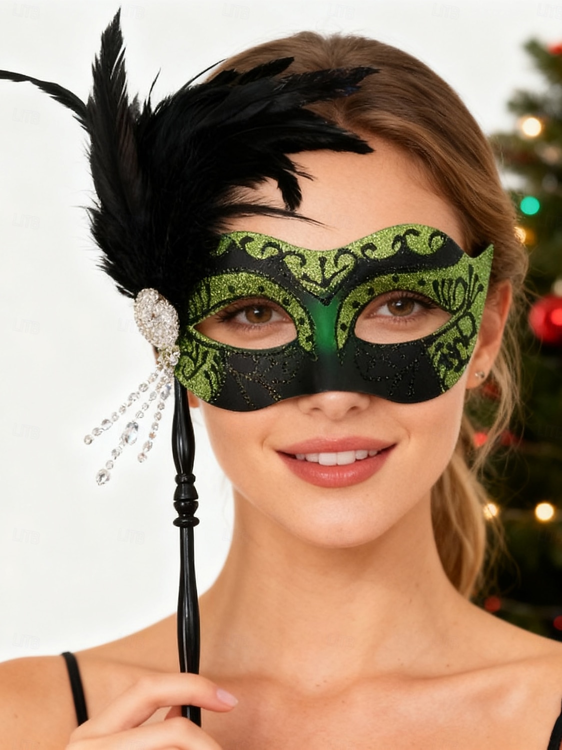 Håndholdt maskerademaske med grønn fjær for kvinner, strass og perledetaljer til julefest og Great Gatsby-ball &karneval 2026 - $14.99 –P1