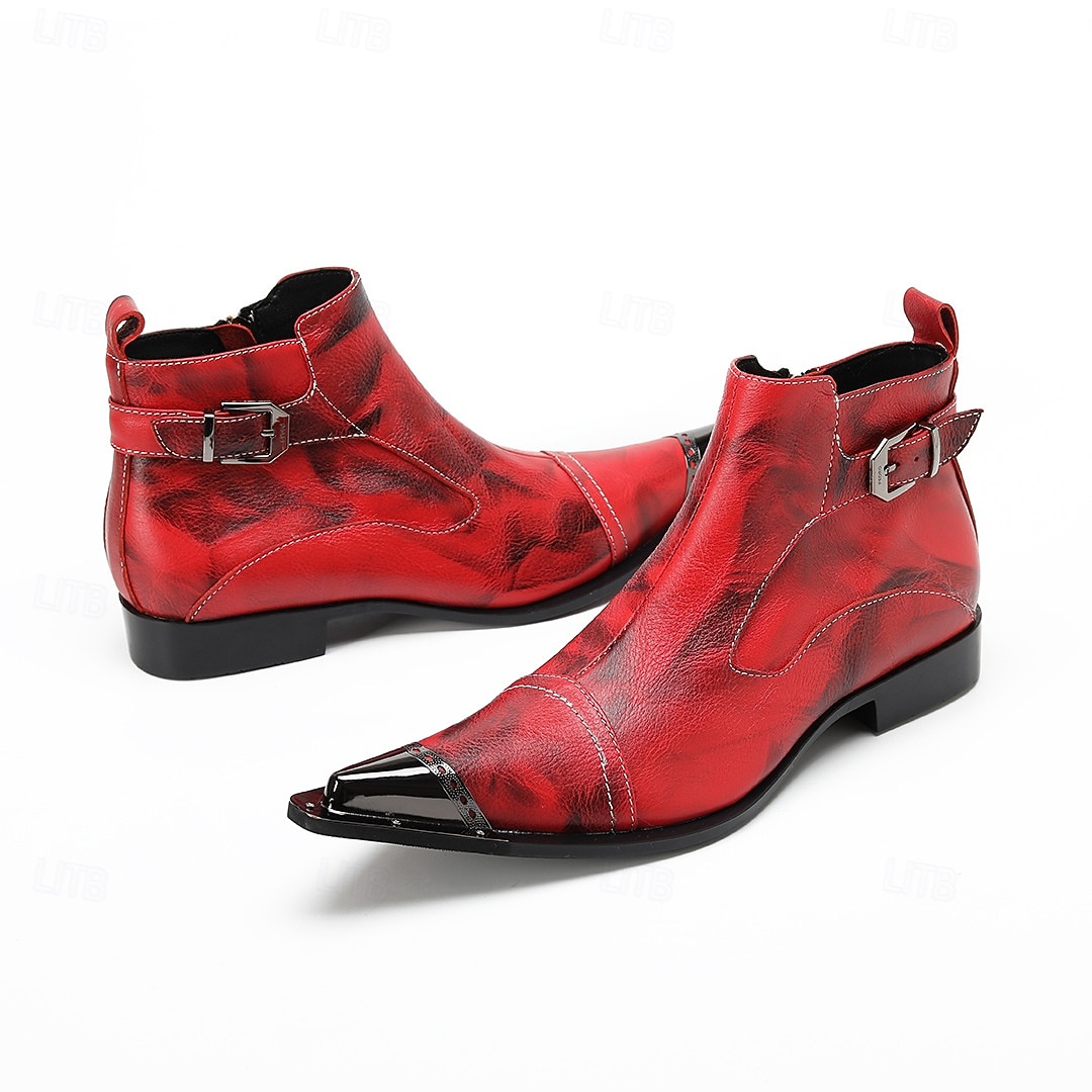Men's Red Leather Boots with Buckle Detail and Pointed Toe – Perfect for Christmas Gatherings and Festive Events 2025 - $149.99 –P8