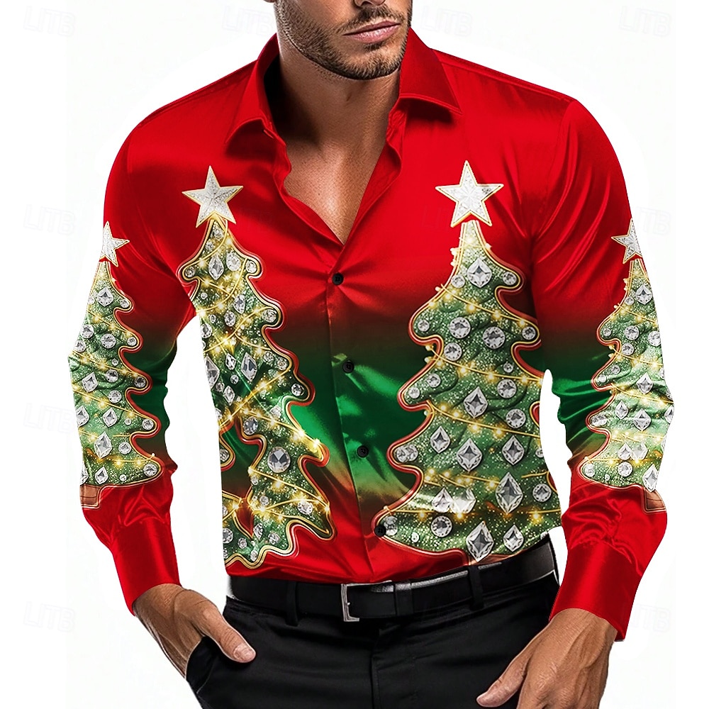 Christmas Men's Christmas Tree Gradient Color Shirt Satin Shirt Dress Shirt  Long Sleeve Fashion Casual Party