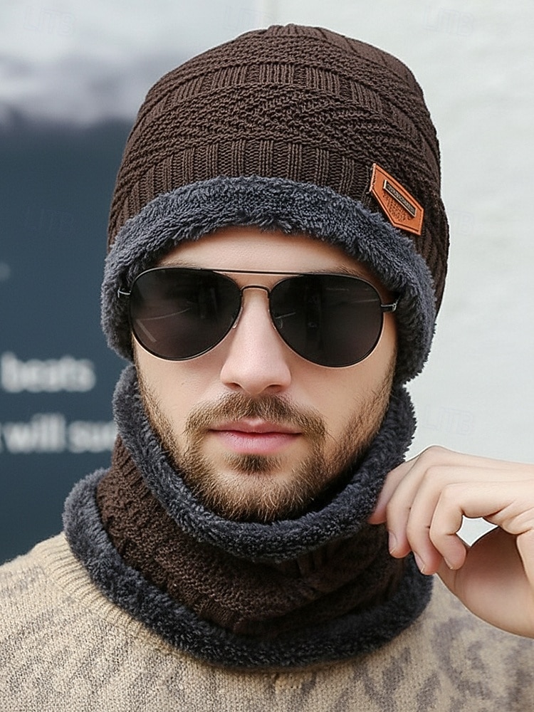 Unisex-Strickmütze und Halstuch-Set, zweiteilig, mit Fleece gefüttert, warm für den Winter, gemütliches Weihnachtsgeschenk für Outdoor-Sport, Skifahren und den Alltag 2025 - $14.99 –P3